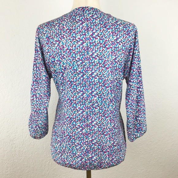 Ann Taylor Abstract Floral Colorful Blouse Jewel Tones Elastic Hem Cuffs V-Neck - Picture 5 of 16